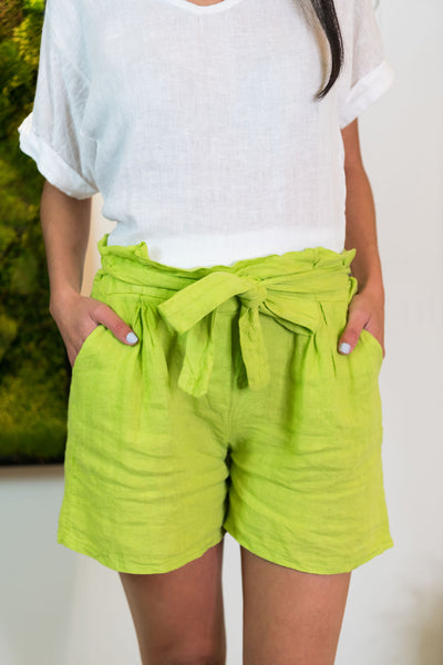 Belted Linen Short - Lime Green