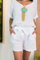 Belted Linen Short - White