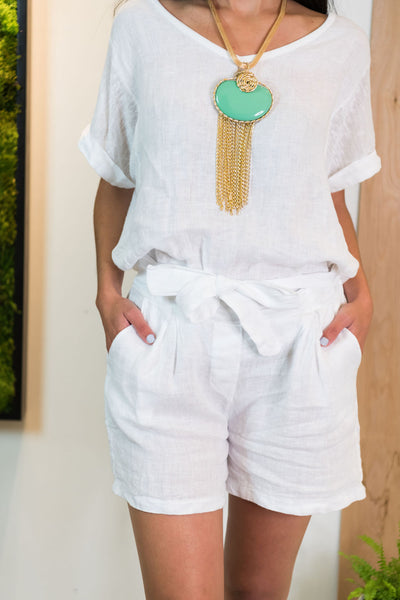 Belted Linen Short - White