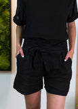 Belted Linen Short- Black