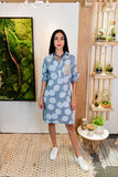 Linen Polka Dot Shirt Dress-Denim Blue