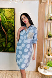 Linen Polka Dot Shirt Dress-Denim Blue