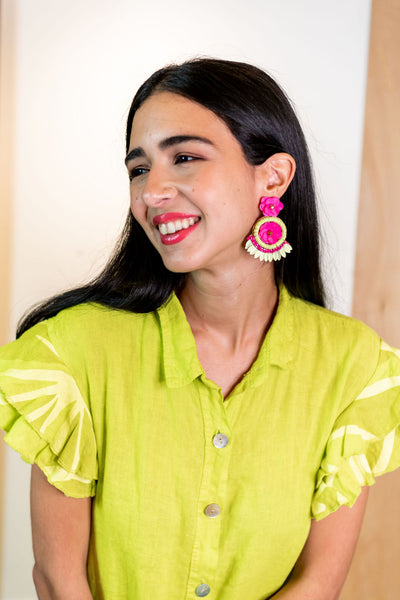 Flower Layered Lime Green and Fuchsia Earrings