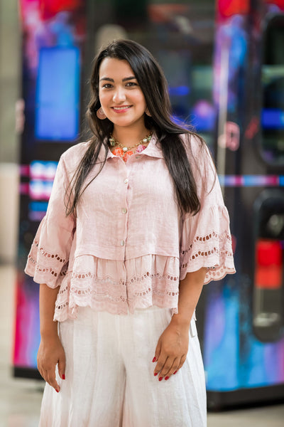 Embroidered Button Down Linen Shirt-Blush