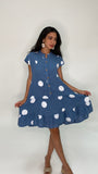 Polka Dot Print Short Dress- Denim Blue