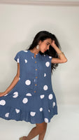 Polka Dot Print Short Dress- Denim Blue