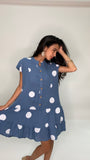 Polka Dot Print Short Dress- Denim Blue