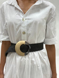 Dual Tone Round Buckle Raffia Belt