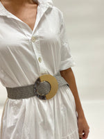 Dual Tone Round Buckle Raffia Belt