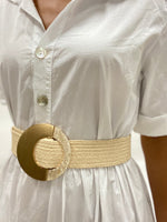 Dual Tone Round Buckle Raffia Belt