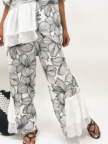 Flower Print Linen White and Black Pants