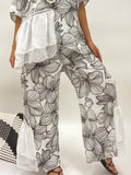 Flower Print Linen White and Black Pants