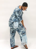 Flower Print Linen Blue and Black Pants