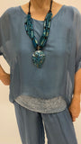 Silk Sequin Details Blouse-Denim Blue