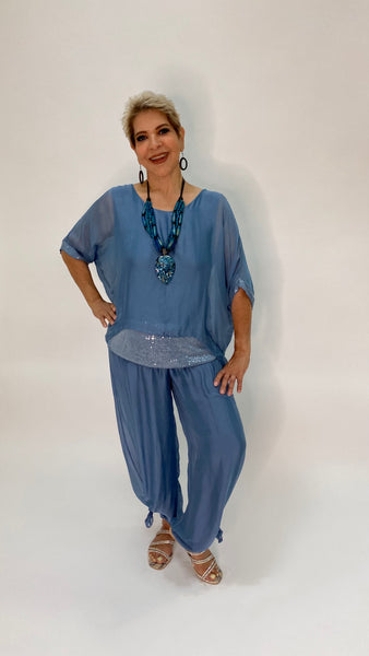 Silk Palazzo Solid Color Pants -Denim Blue