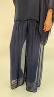 Silk Palazzo Solid Color Pants -Navy Blue