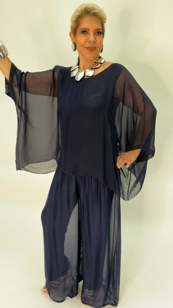 Silk Solid Blouse-Navy Blue