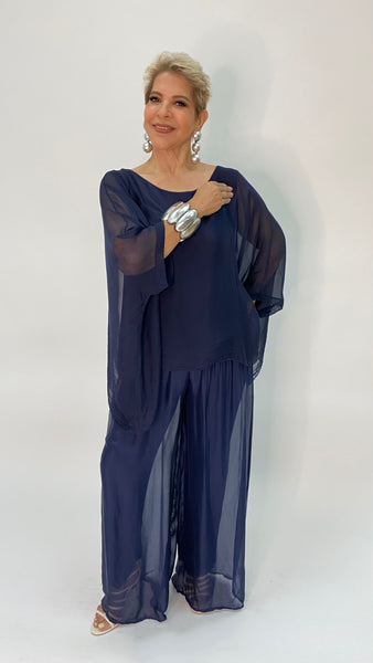 Silk Palazzo Solid Color Pants -Navy Blue