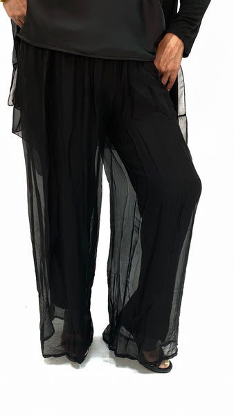 Silk Palazzo Solid Color Pants -Black