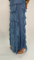 Silk Ruffle Long Skirt-Denim Blue