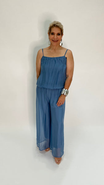 Silk Sleeveless Jumpsuit - Denim Blue