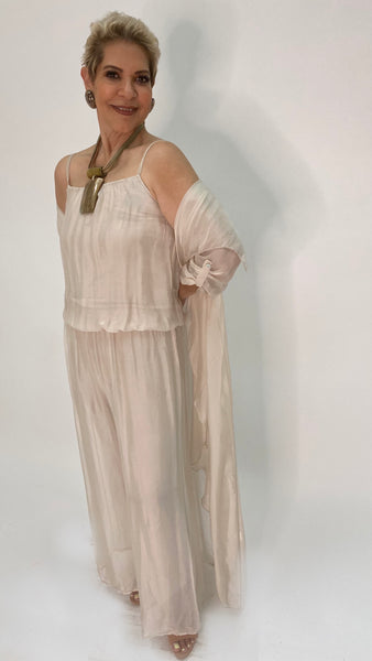 Silk Sleeveless Jumpsuit - Beige