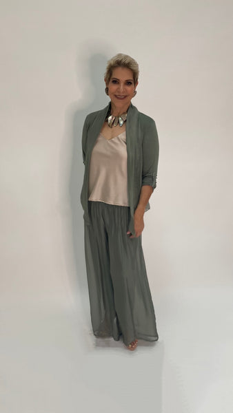 Silk Palazzo Solid Color Pants - Olive Green