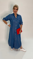 Long Button- Down Denim Dress