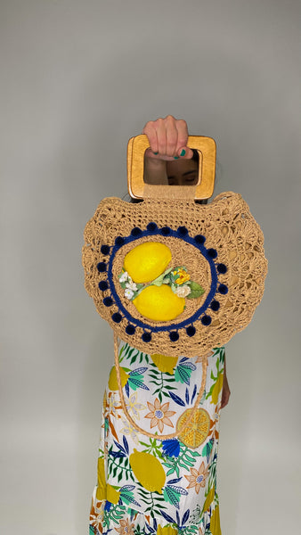 Lemon Round Raffia Handbag