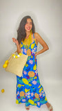 Maxi Sleeveless Lemon Print Dress-Blue