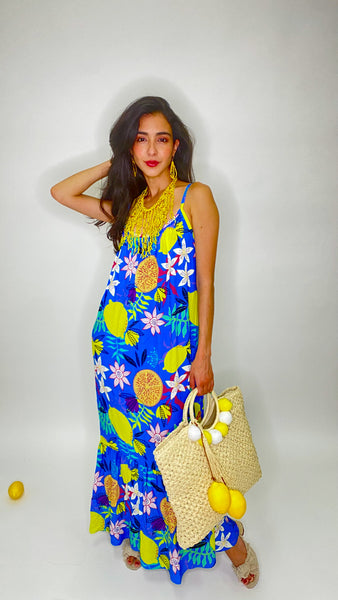 Maxi Sleeveless Lemon Print Dress-Blue