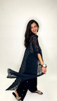 Lace Button Down Long Cardigan-Black