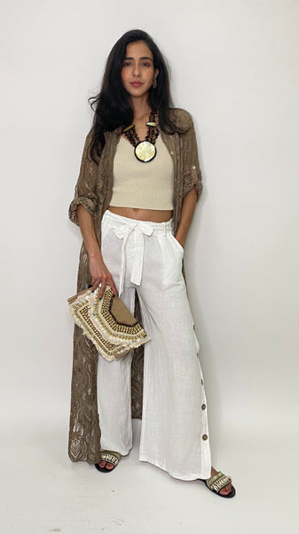 Linen Button Wide Pants-White