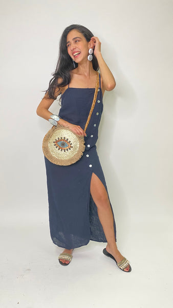 Strappy Linen Dress -Navy Blue