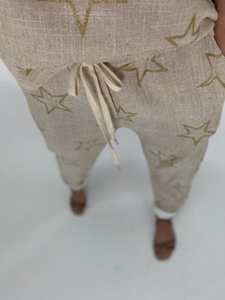 Linen Star Print Pants-Gold