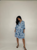 Linen Leaf Print Short Dress-Blue