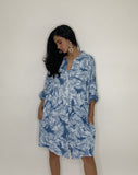 Linen Leaf Print Short Dress-Blue