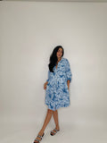 Linen Leaf Print Short Dress-Blue