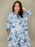 Linen Leaf Print Short Dress-Blue