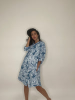 Linen Leaf Print Short Dress-Blue