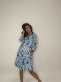 Linen Leaf Print Short Dress-Blue