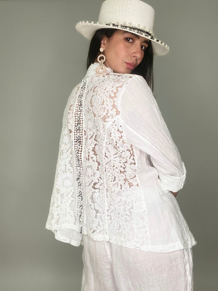 Linen Lace Back Blazer-White