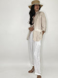 Linen Embroidered Flower Pants-White