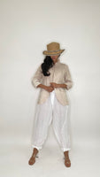 Linen Embroidered Flower Pants-White