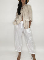 Linen Embroidered Flower Pants-White