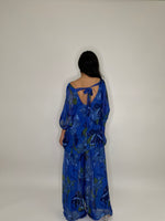 Silk Flower Print Open Back Blouse-Royal Blue