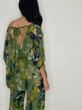 Flower Print Open Back Blouse-Green