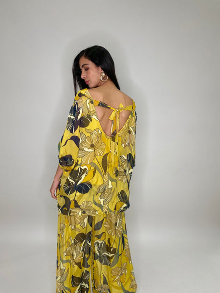 Silk Flower Print Open Back Blouse-Yellow