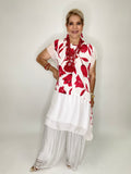 Red Flowers Linen Dress-White