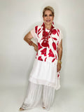 Red Flowers Linen Dress-White